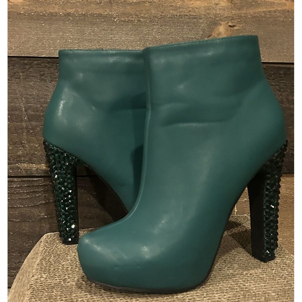 Allegra K Green Faux Suede Round Toe Jeweled Heel Ankle Boots